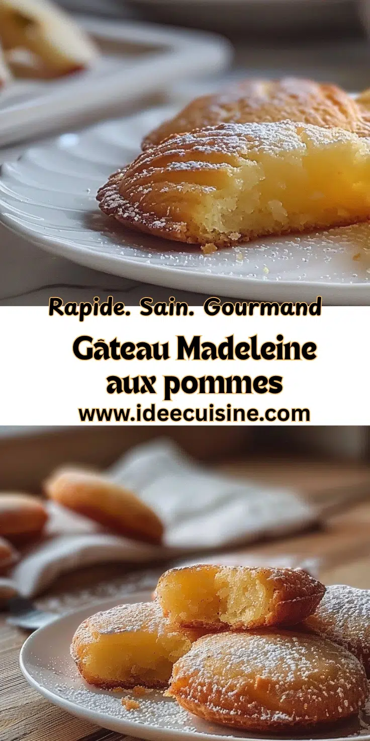 Tranche de gâteau moelleux type madeleine, mie jaune et morceaux de pommes, sucre glace.