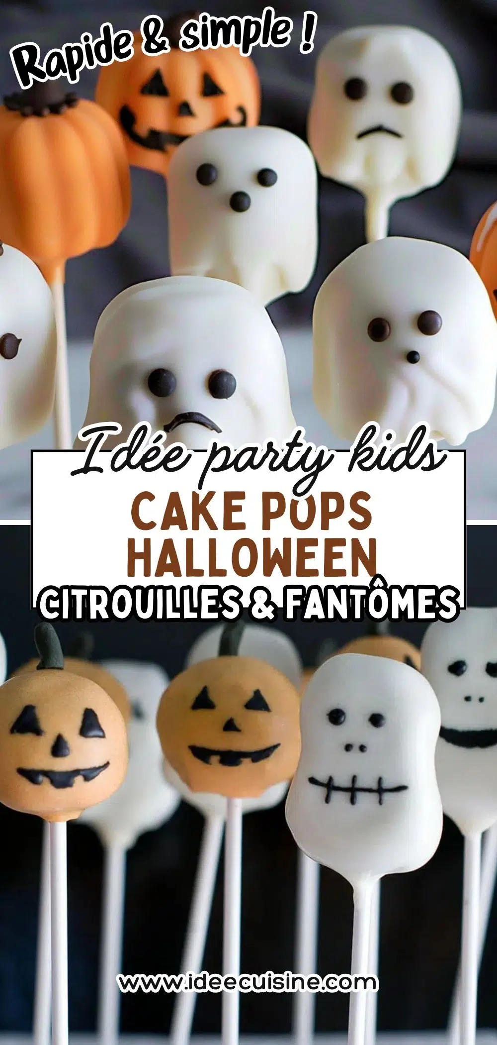 Cake pops sur bâtonnets, décorés en formes de citrouilles orange et de fantômes blancs, disposés en bouquet pour une fête d’Halloween.