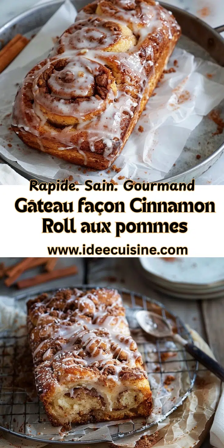 Gâteau façon Cinnamon Roll aux pommes 2 Gâteau roulé à la cannelle glacé, tranche visible avec spirales et morceaux de pommes.