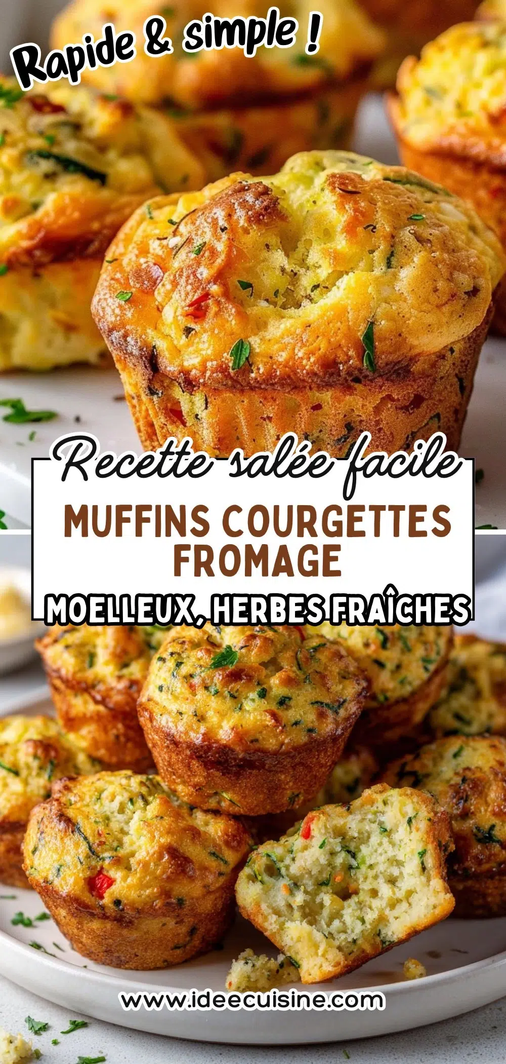 Muffins salés dorés aux courgettes et fromage, texture moelleuse, morceaux verts visibles à la surface et en coupe, servis en pile sur une assiette rustique.