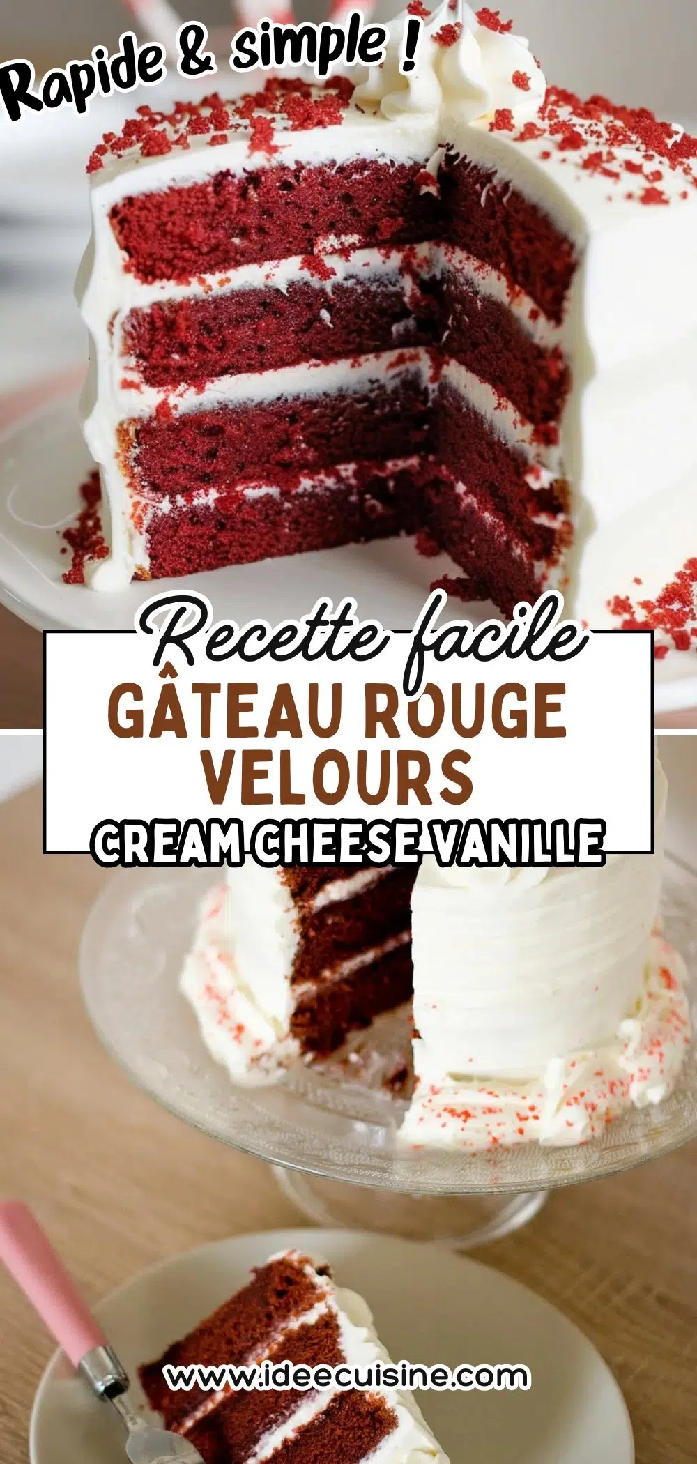 Part de red velvet cake : génoise rouge moelleuse et crémeuse, avec glaçage vanille et cream cheese sur une assiette, restant du gâteau en arrière-plan.