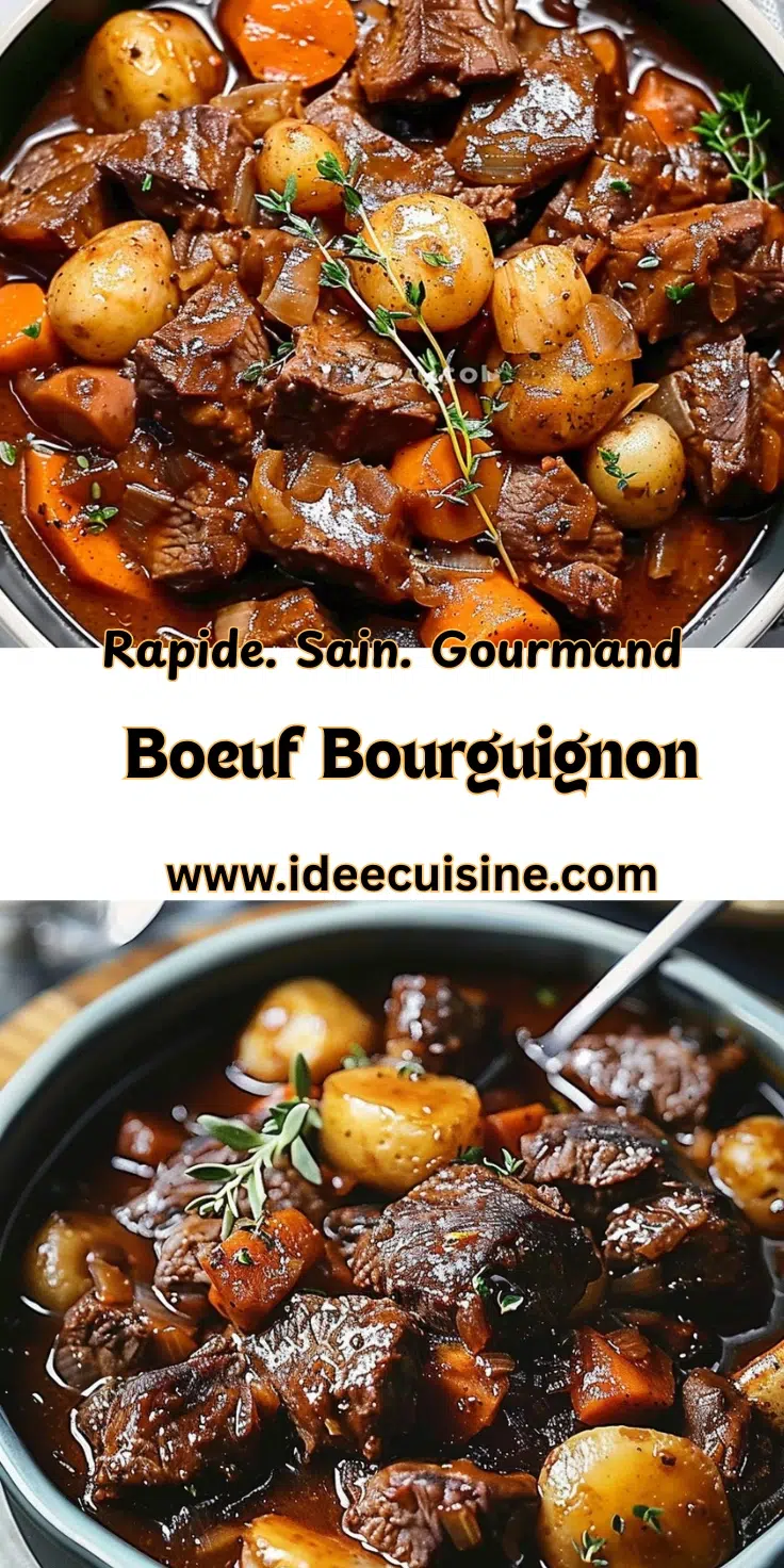 Cocotte de bœuf mijoté au vin rouge, lardons, carottes et petites pommes de terre, herbes fraîches.