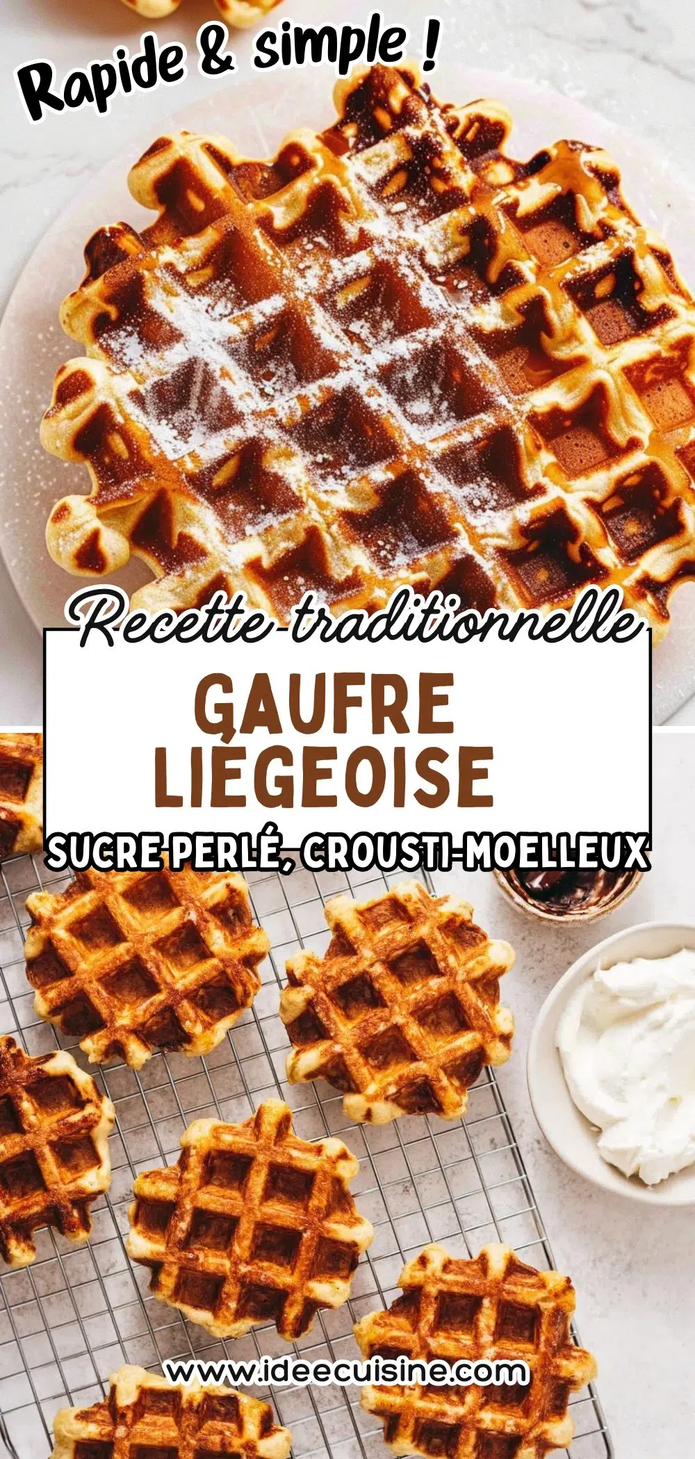 Plusieurs gaufres liégeoises dorées au sucre perlé, croustillantes à l’extérieur et moelleuses à l’intérieur, servies sur une grille et saupoudrées de sucre glace.