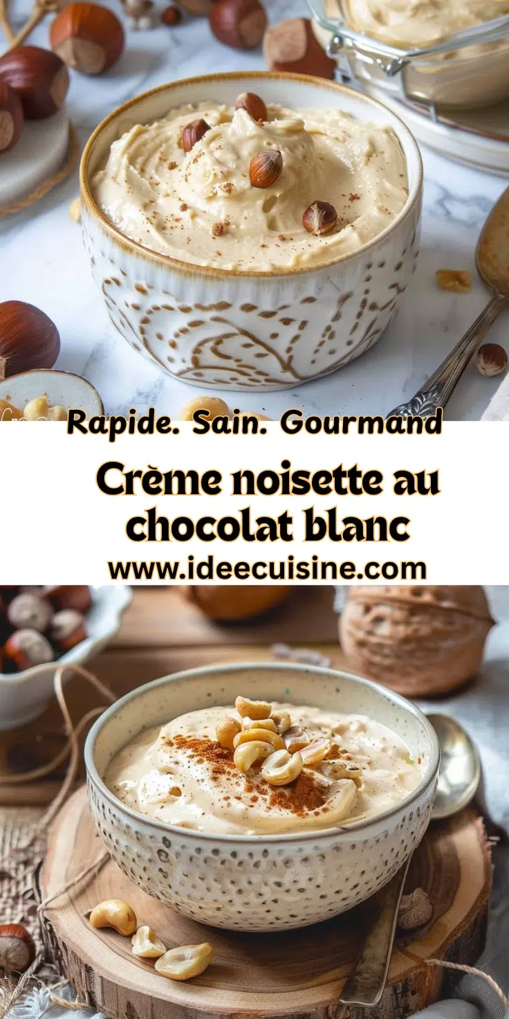 Bol de crème onctueuse couleur ivoire, décor noisettes concassées, texture veloutée.