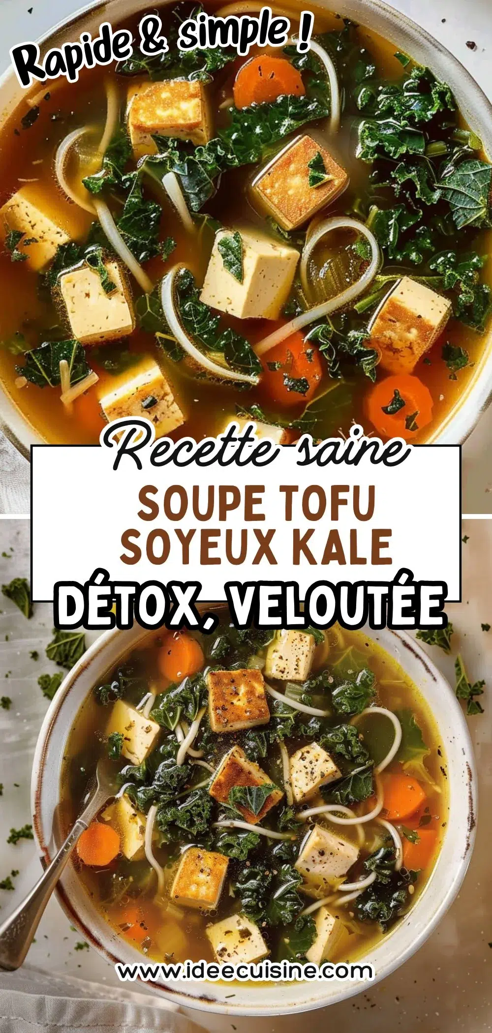 Bol de soupe verte onctueuse, dés de tofu soyeux et feuilles de kale, cuillère bois.