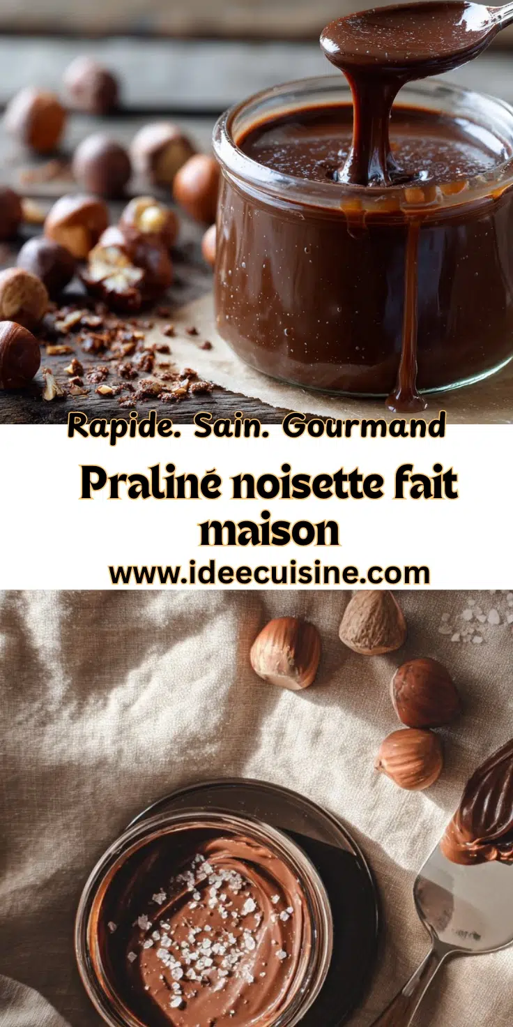 Pot de praliné noisette coulant, éclats de noisettes torréfiées autour, ambiance gourmande.