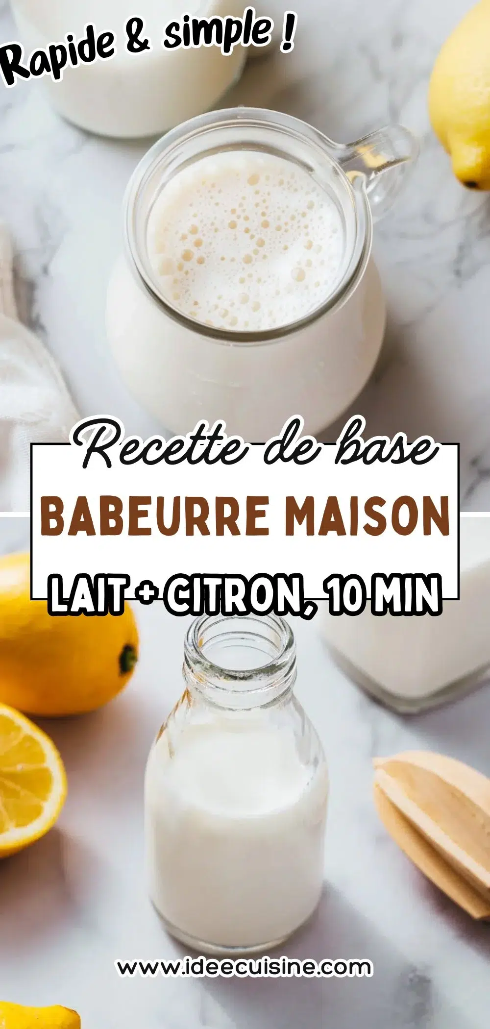 Pichet de babeurre fait maison, lait et citron, ambiance lumineuse, ingrédients visibles sur table.