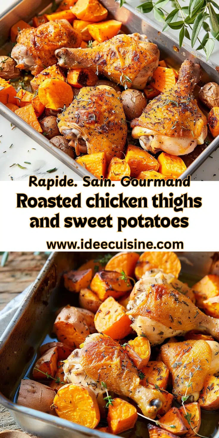 Grand plat de hauts de cuisse de poulet dorés, patates douces caramélisées, herbes aromatiques, visuel anglo-saxon.