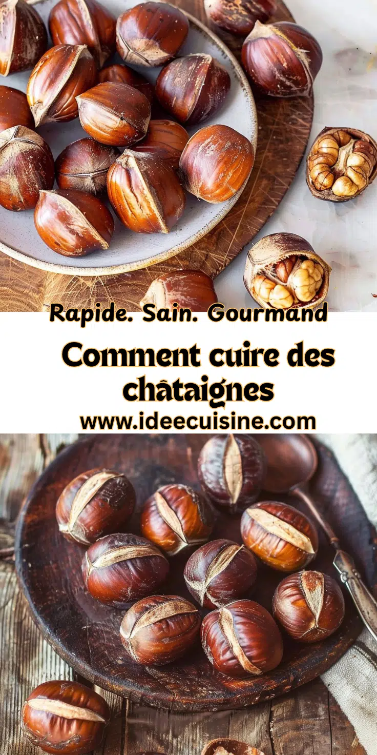 Châtaignes entières fendue, posées sur planche en bois, texture brillante et coque craquante.