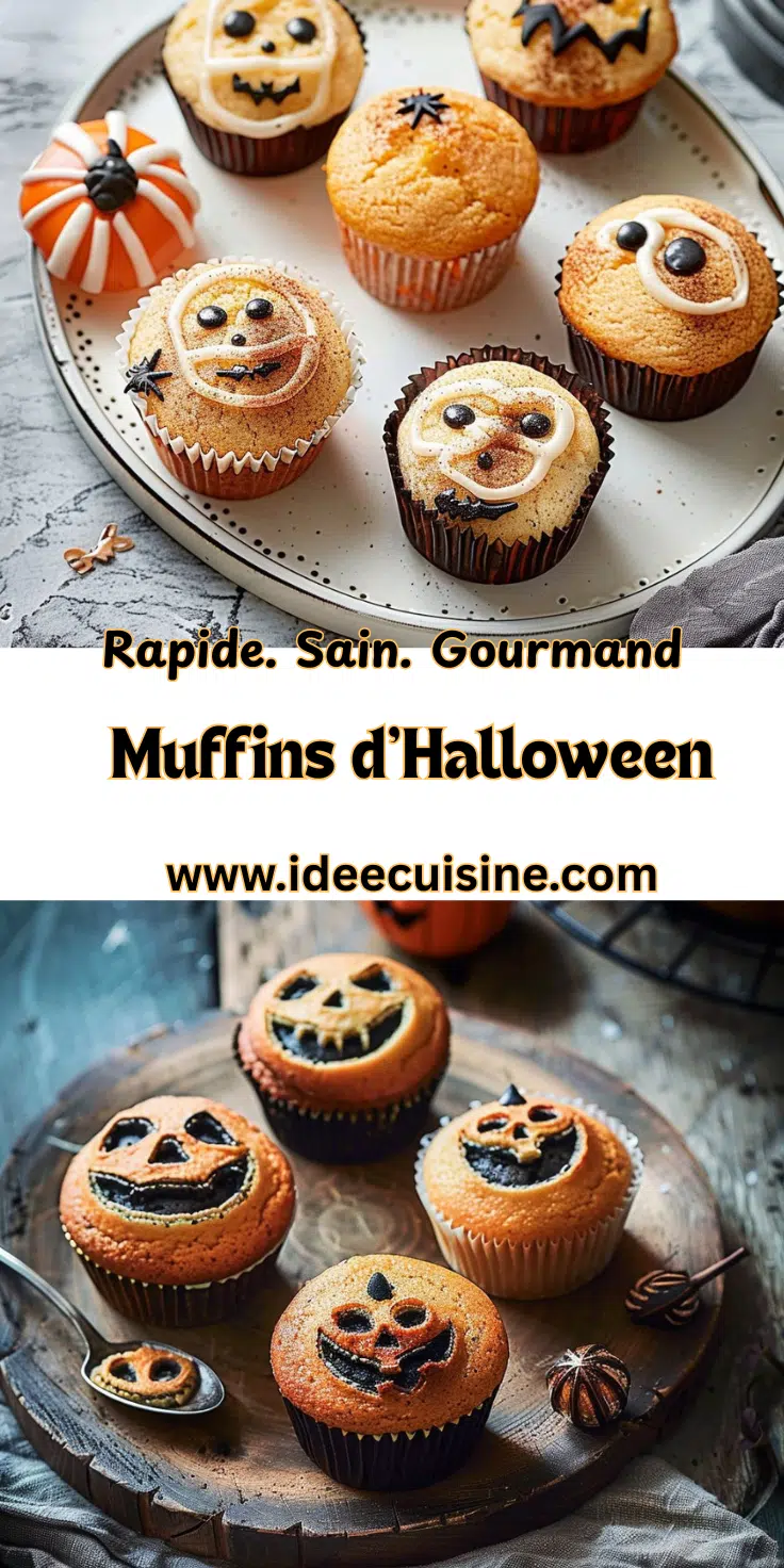 Plateau de muffins moelleux décorés de visages de citrouille et fantômes en chocolat, ambiance Halloween.