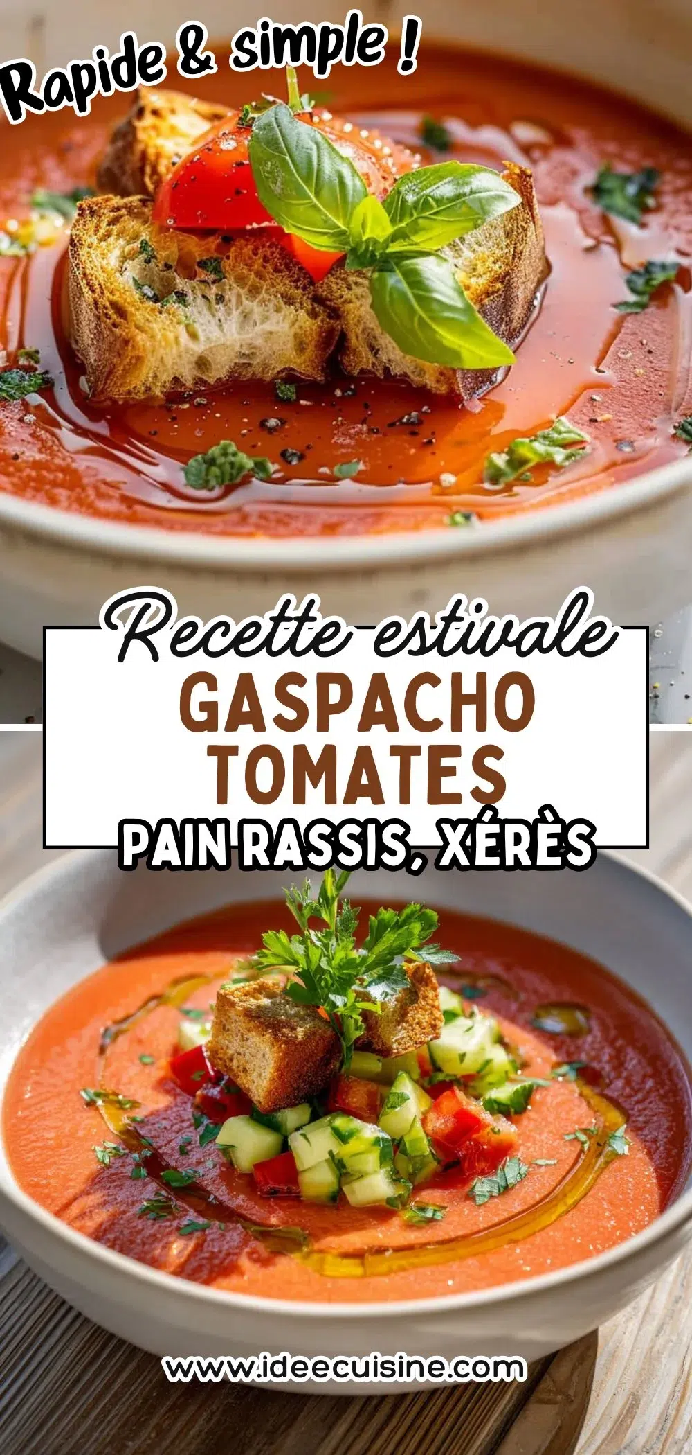 Bol de gaspacho rouge vif, croûtons dorés, basilic frais et tomate cerise en décor.