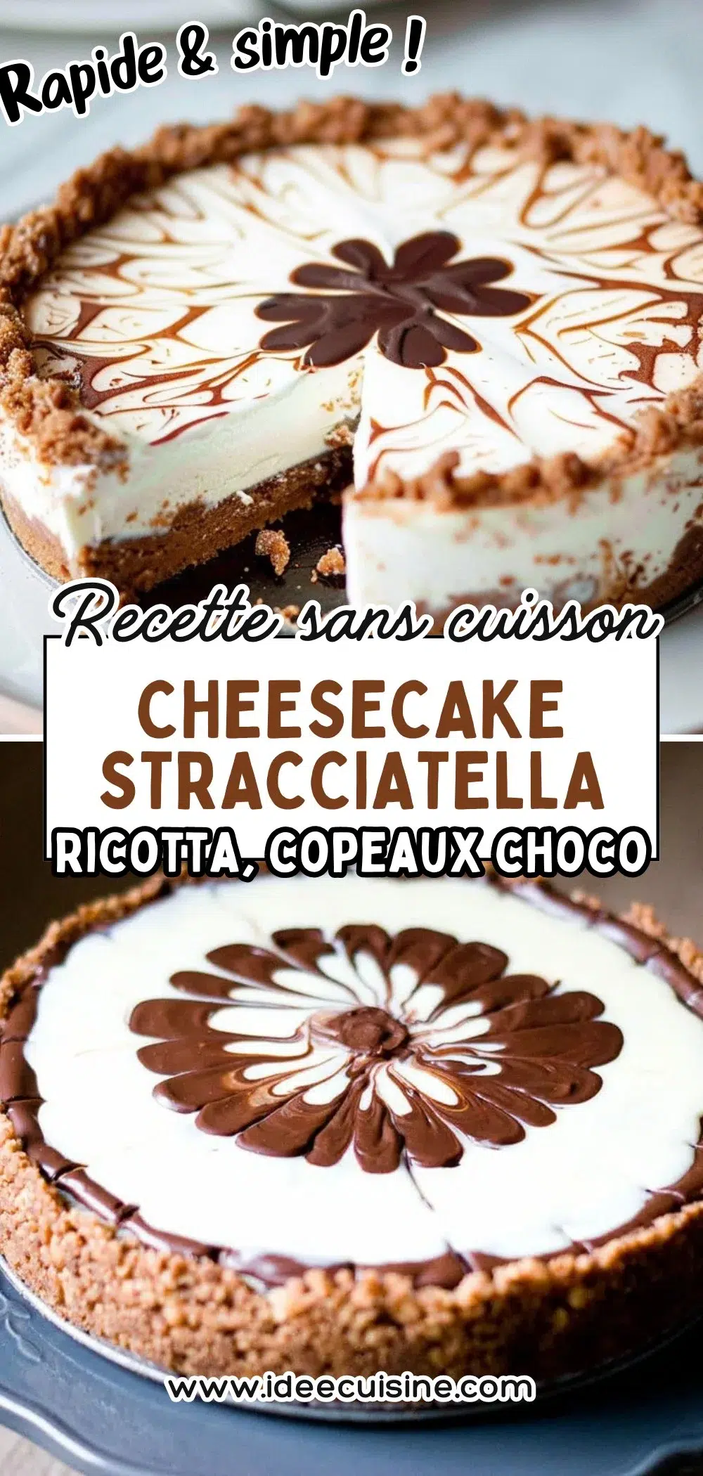 Gâteau stracciatella coupé, crème blanche incrustée de copeaux chocolat, base biscuitée.