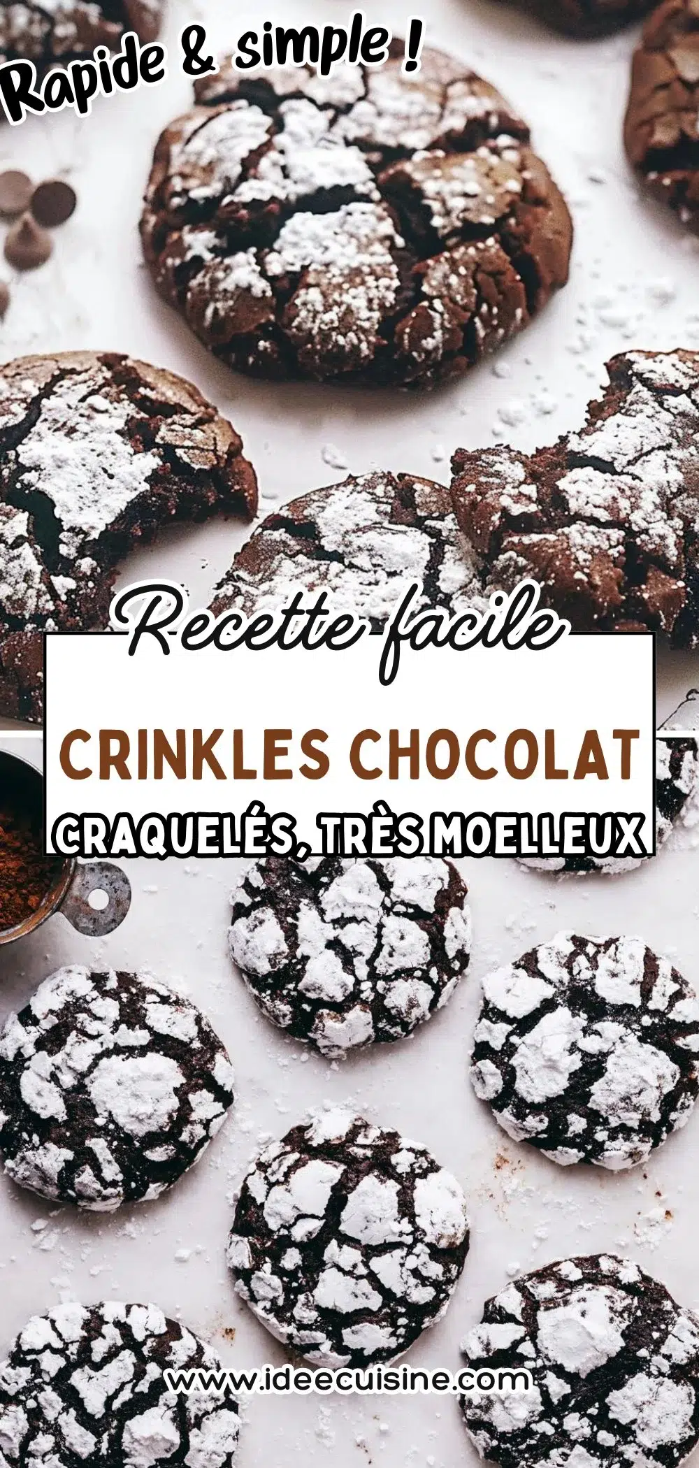 Biscuits crinkles tout chocolat, ronds, craquelés, saupoudrés de sucre glace, présentés sur assiette claire.