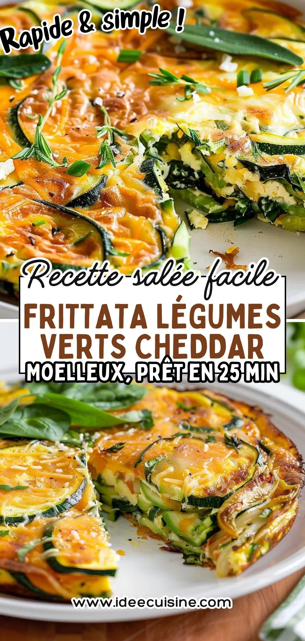 Frittata dorée et moelleuse garnie de courgettes, épinards, herbes fraîches, cheddar, cuite au four et découpée en parts.