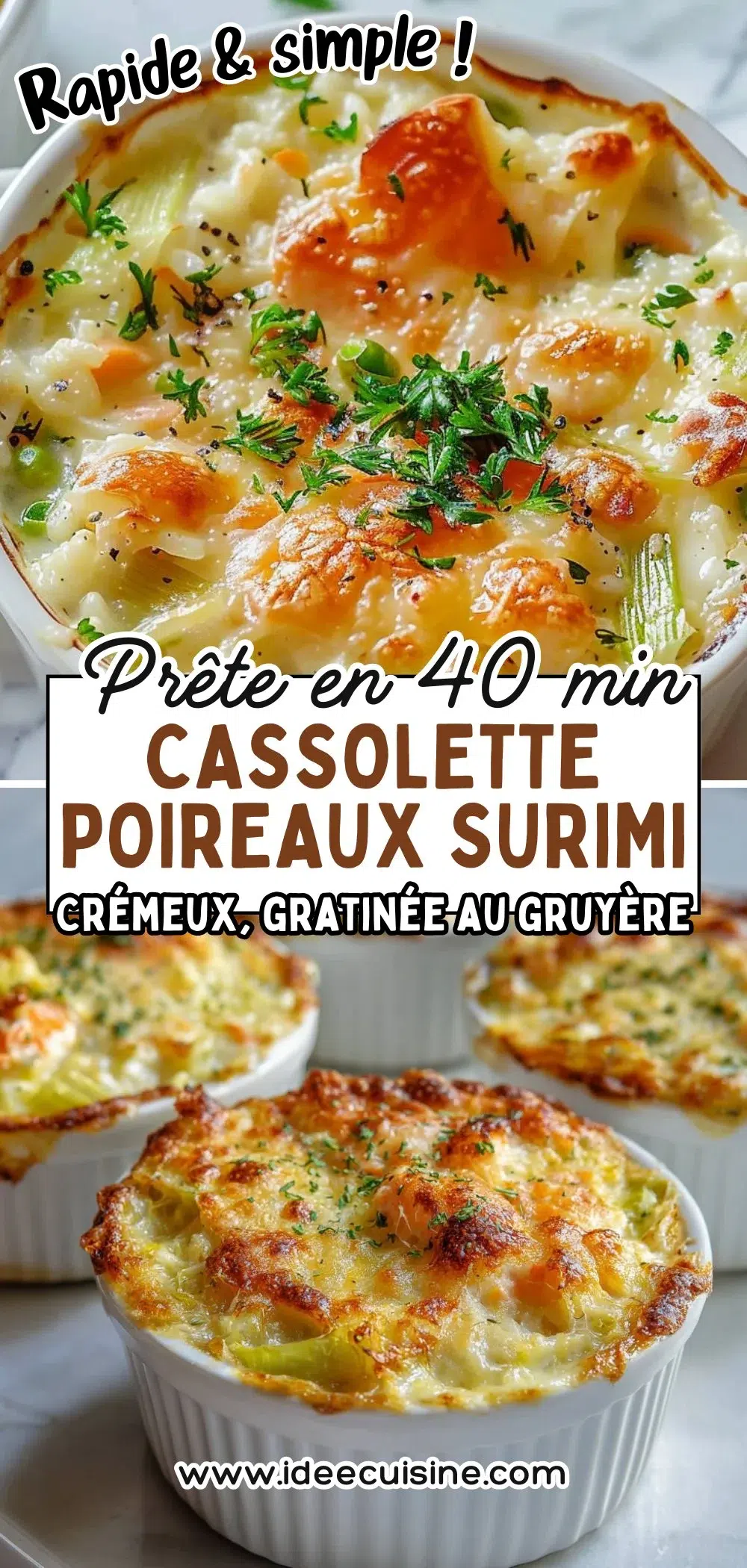 Plat gratiné individuel de poireaux-surimi, chapelure dorée, ciboulette en topping, texture fondante.