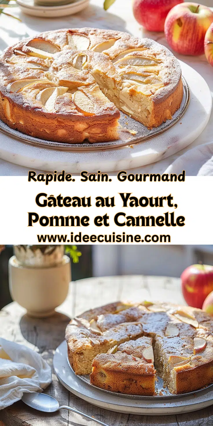 Gâteau moelleux aux pommes tranchées, surface dorée, saupoudré de cannelle, dressé sur plat blanc.