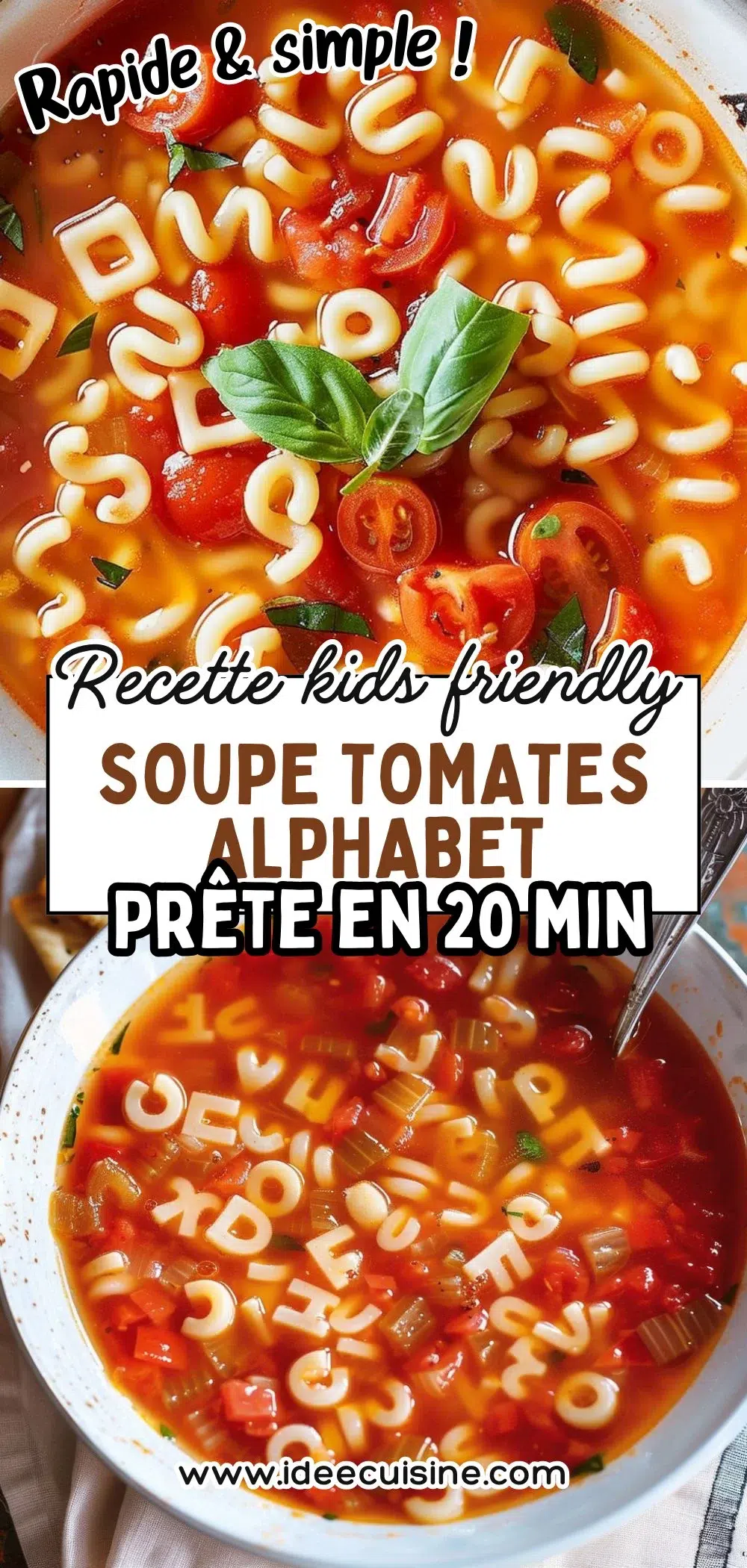 Bol de soupe rouge vive, pâtes alphabet, persil frais, design ludique et familial.