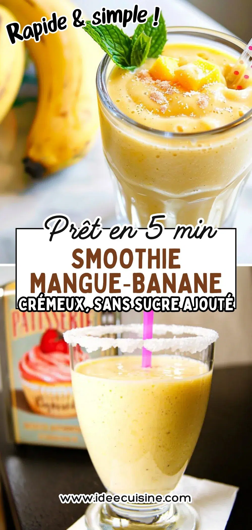 Grand verre de smoothie jaune épais, topping rondelles de banane et menthe, ambiance fraîcheur.