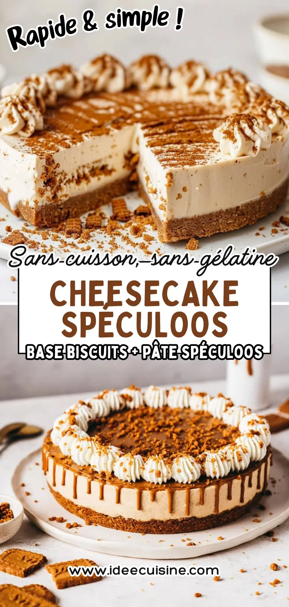 Cheesecake crémeux, base biscuits spéculoos, décor crème chantilly et éclats de spéculoos, part coupée.