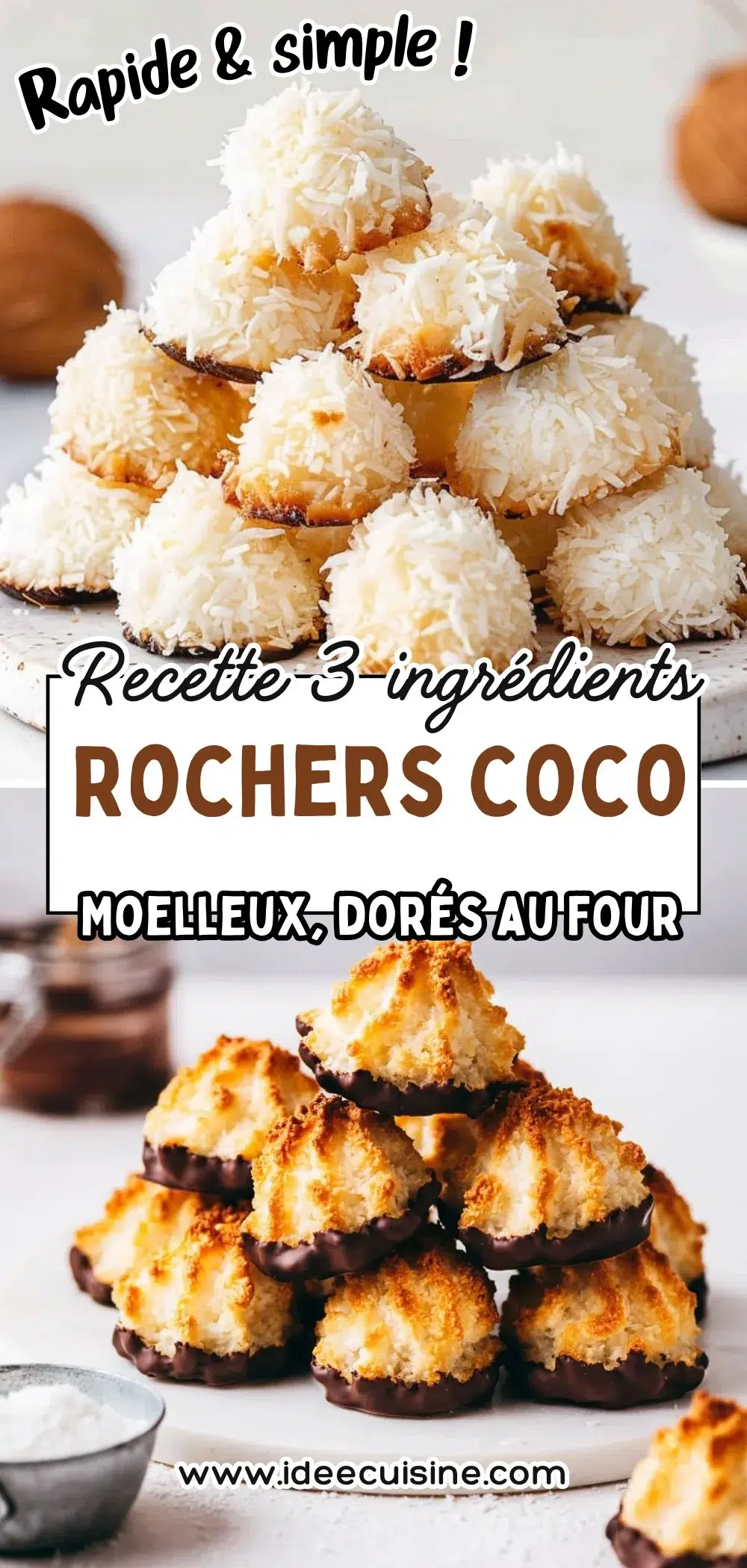 Rochers coco, moelleux & dorés 2 Montagne de rochers coco dorés au four, base chocolat, présentés en pyramide.