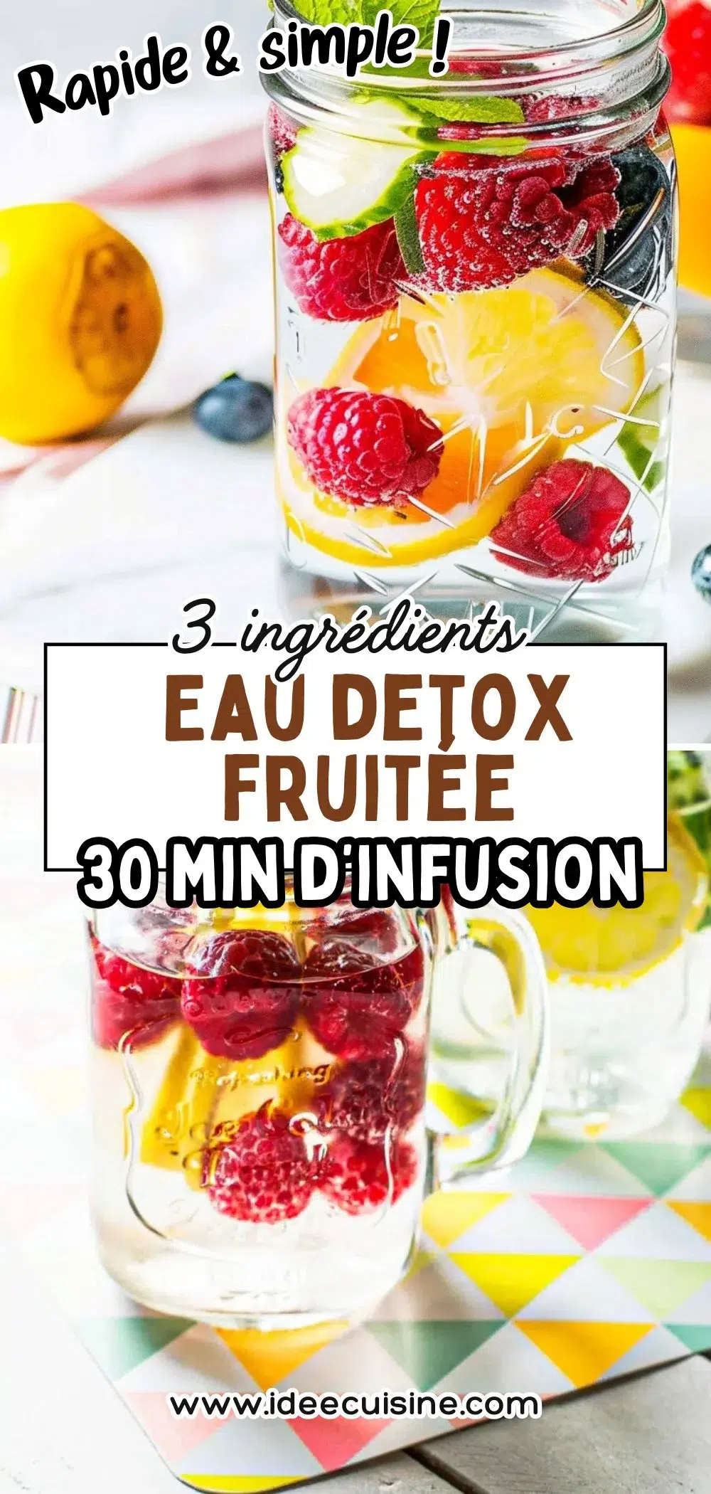 Carafe eau infusée citron, framboises et menthe, ambiance fraîche.