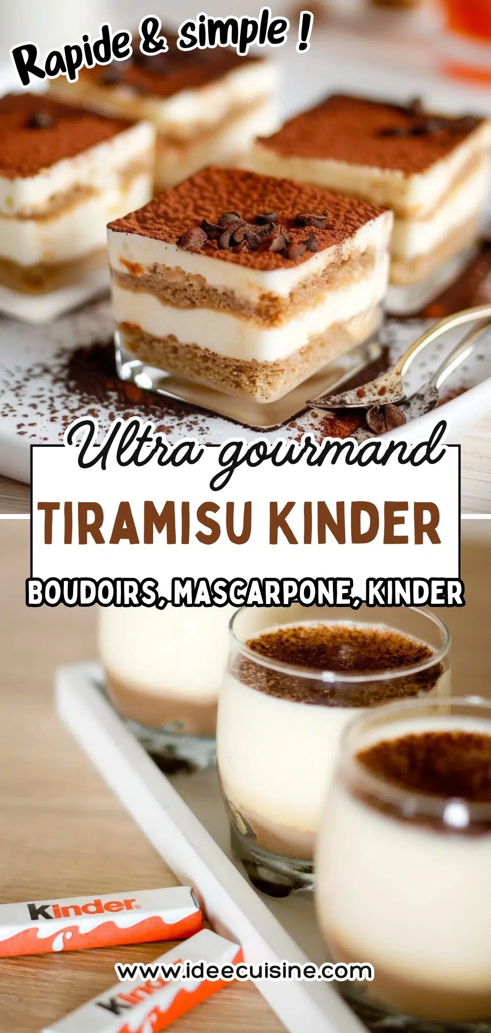 Verrines de tiramisu, biscuits boudoirs, couches mascarpone et morceaux de barre Kinder.