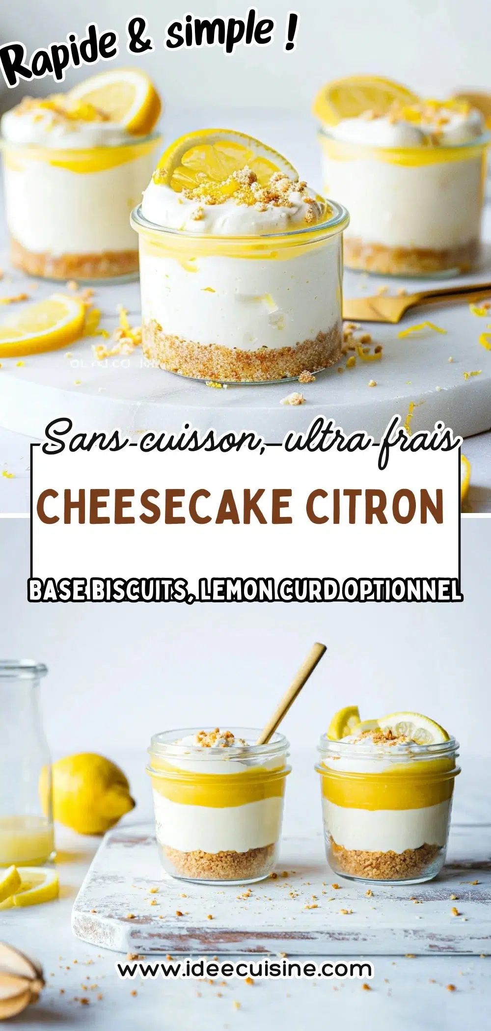 Petites verrines cheesecake citron, biscuits, zeste et crème chantilly en topping.