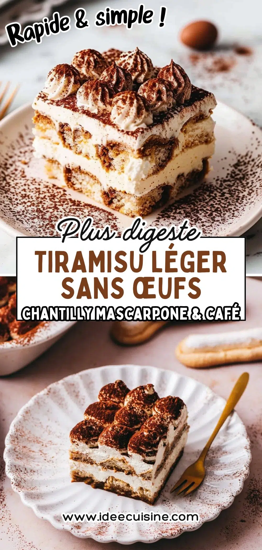 Tiramisu dressé en rectangle sur assiette, poudre de cacao, belles couches claires et café.