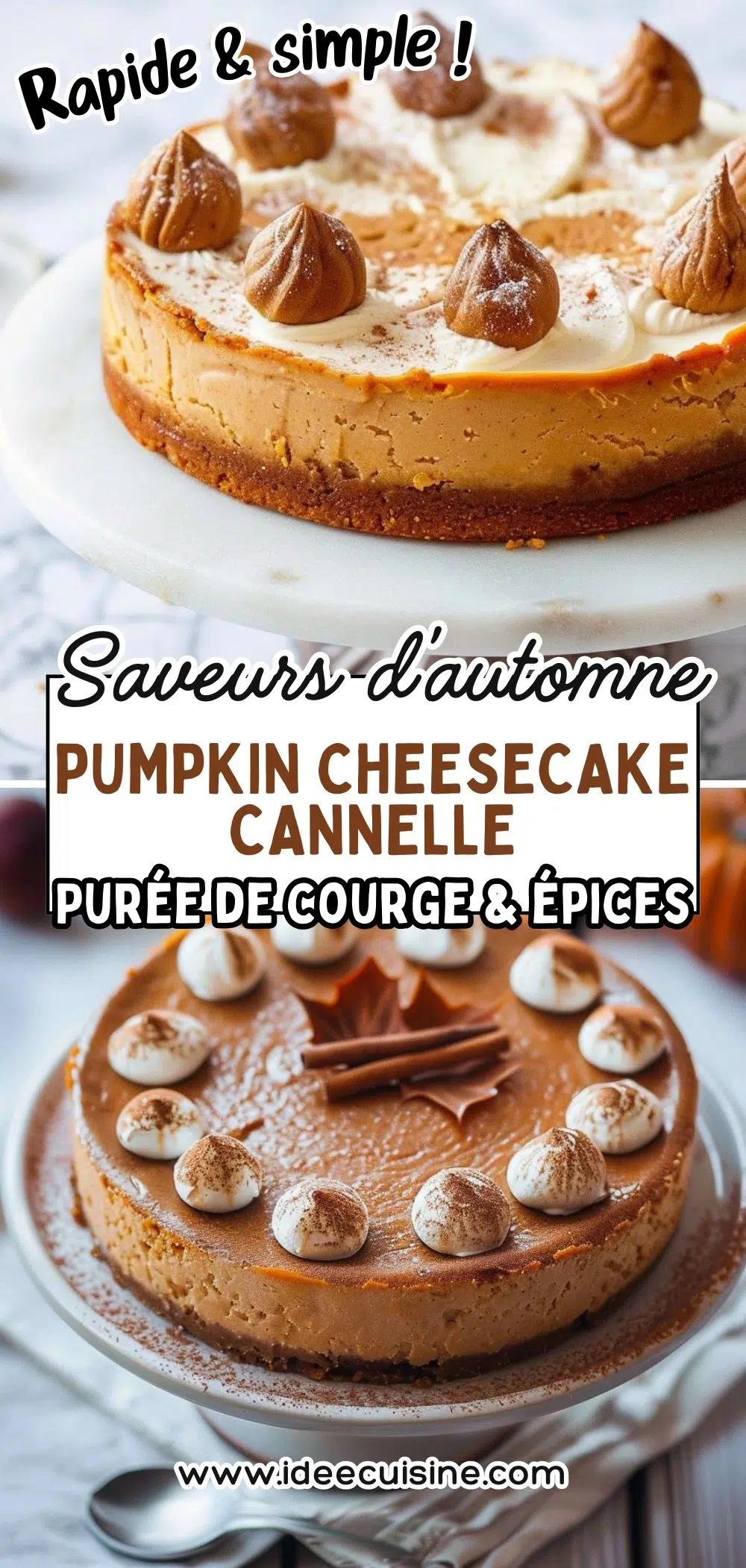 Cheesecake orange-épices garni de rosaces à la cannelle, part servie sur assiette.Title : Pumpkin cheesecake cannelle, purée courge & épices
