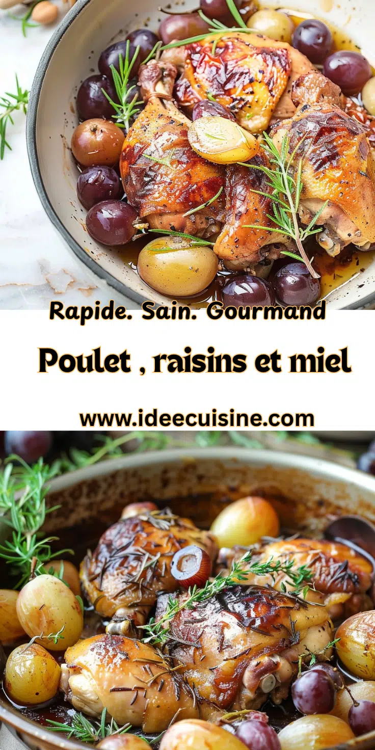 Poulet laqué au miel et miel, raisins confits, herbes, servi dans une poêle en fonte