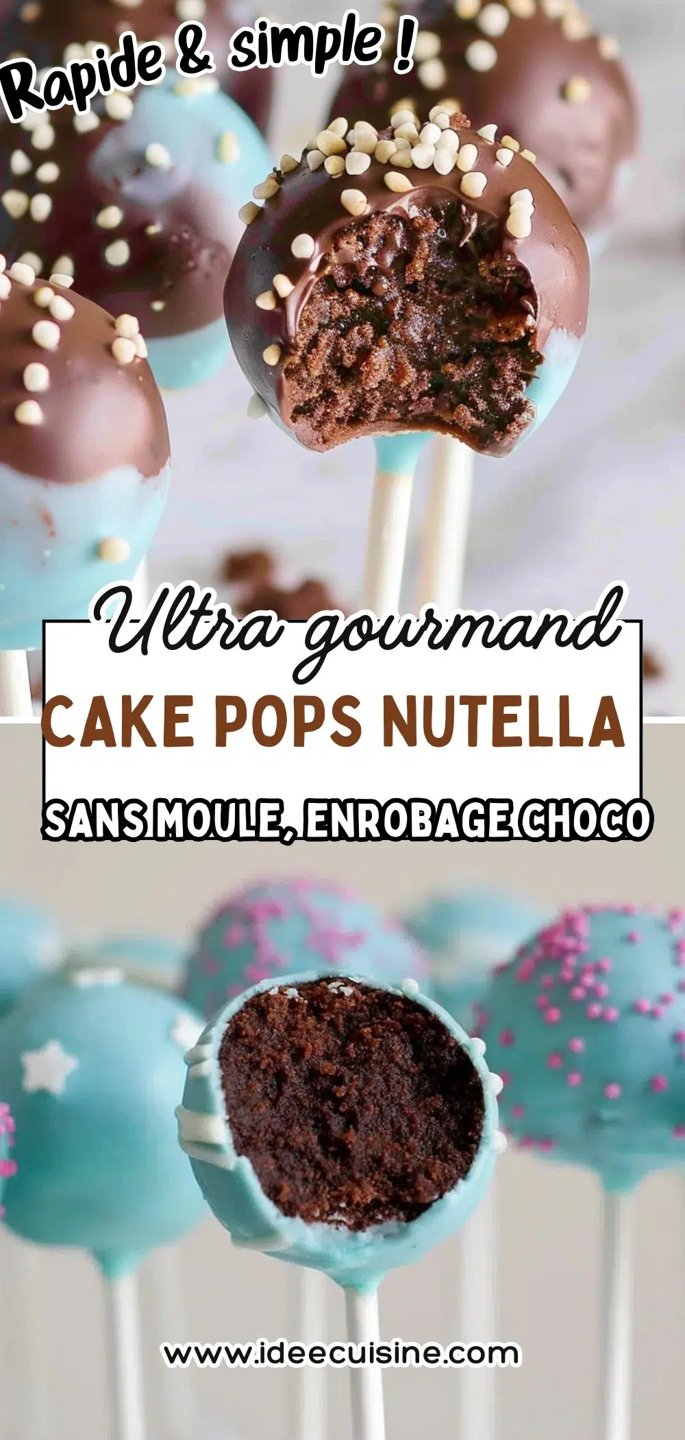 Cake pops ronds, enrobés de chocolat, décoration billes croustillantes, coeur Nutella bien moelleux.