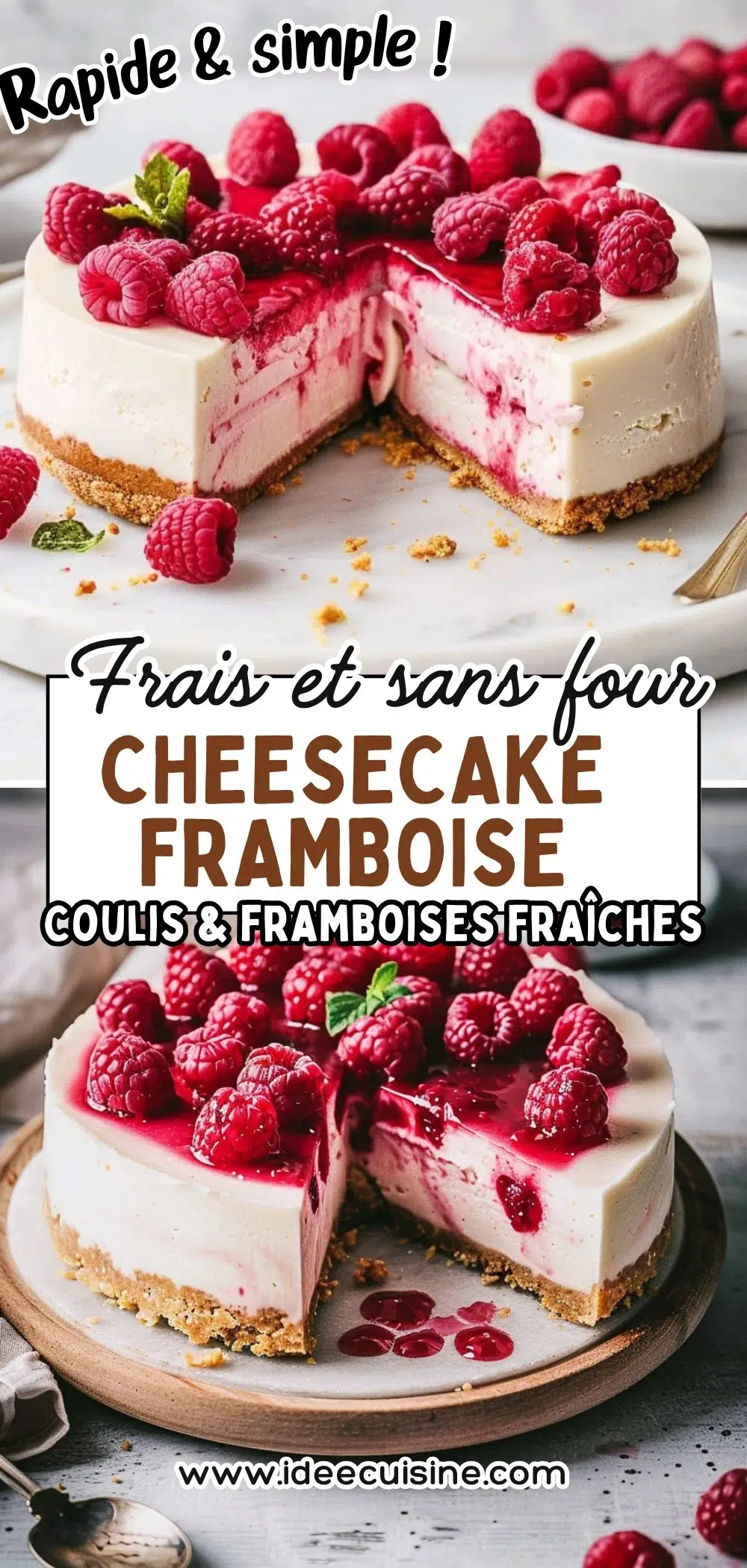 Deux parts de cheesecake blanc sur base biscuits, nappé de coulis de framboise et fruits frais.
