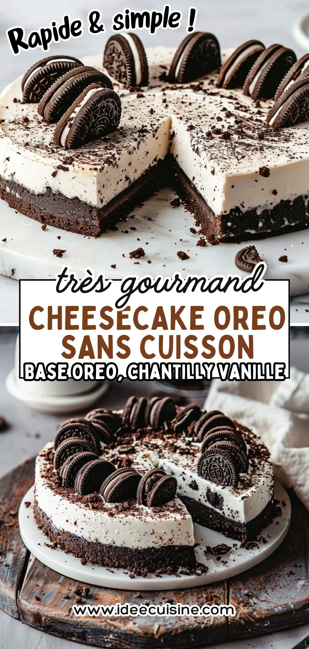 Cheesecake en parts, épais, base Oreo, topping biscuits émiettés et chantilly, décor graphique.
