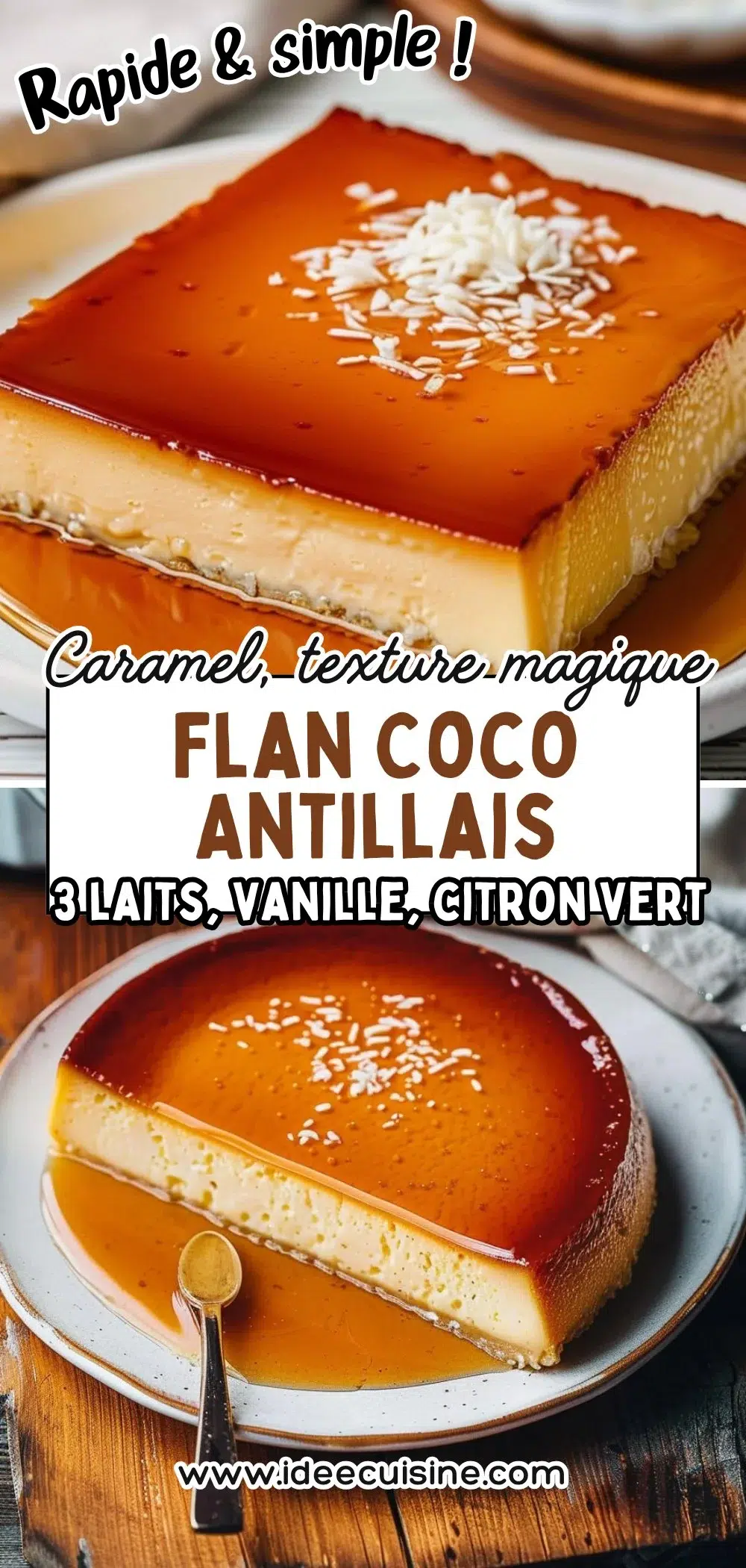 Flan doré nappé de caramel, tranches servies sur assiettes, texture brillante et fondante.