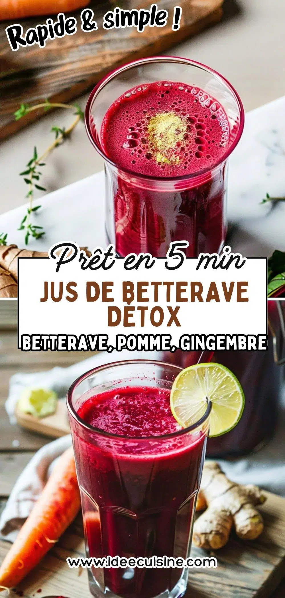 Verre de jus détox rouge, mousse légère, rondelles de citron, racines et quartier de pomme autour.