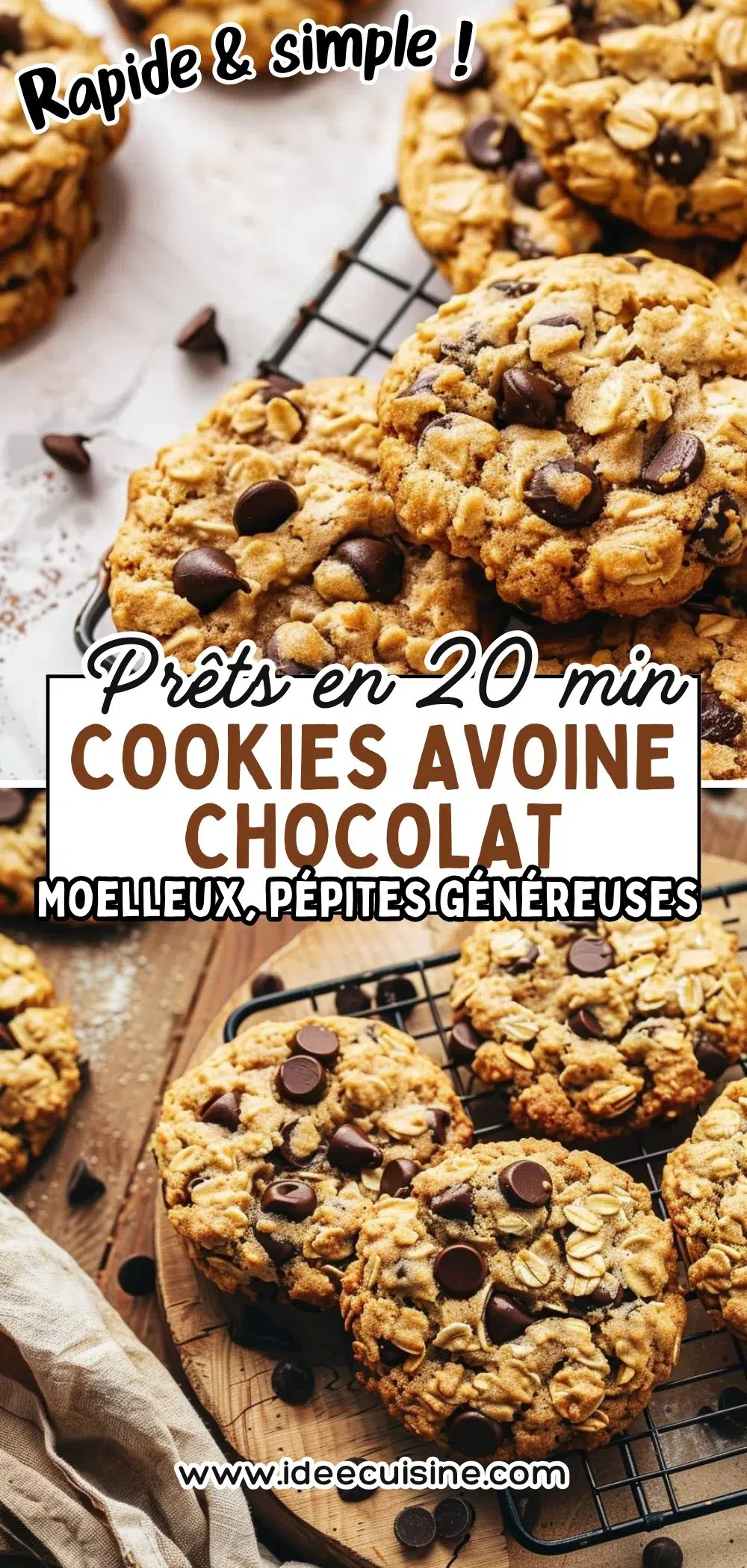 Cookies épais à l’avoine, parsemés de pépites chocolat, sur grille de refroidissement, visuel rustique.