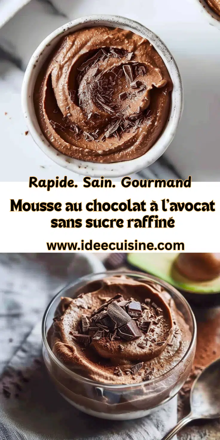 Mousse au chocolat à l'avocat sans sucre raffiné 2 Coupe de mousse au chocolat onctueuse, aspect brillant, décor de copeaux de chocolat ou noisettes.
