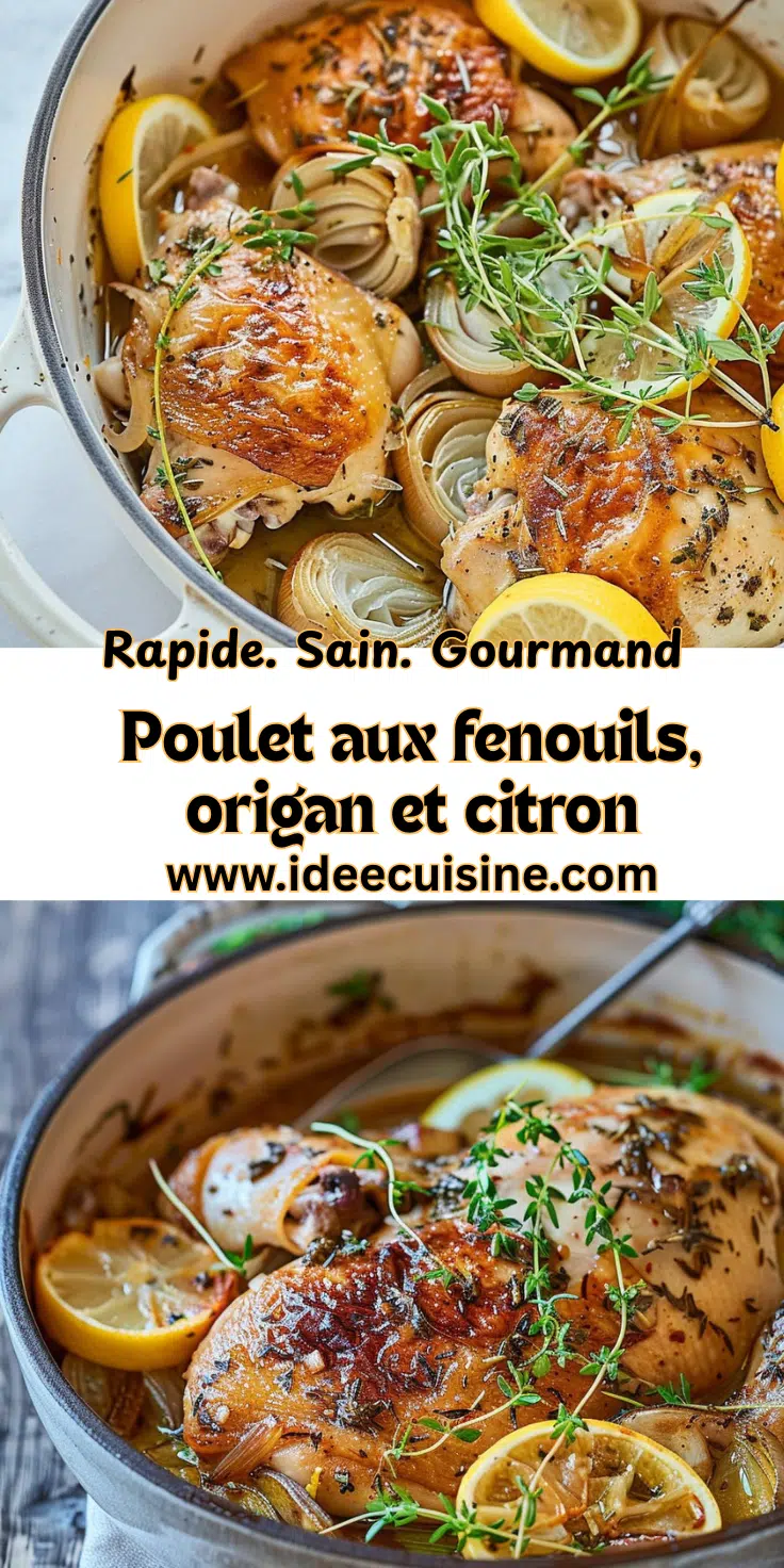 Morceaux de poulet dorés dans un plat à four, avec rondelles de fenouil, herbes fraîches et quartiers de citron.