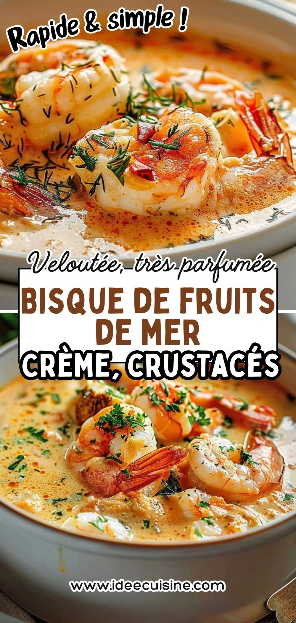 Bisque de fruits de mer maison 2 Bol de soupe épaisse, couleur corail, crevettes entières et herbes fraîches, texture veloutée.