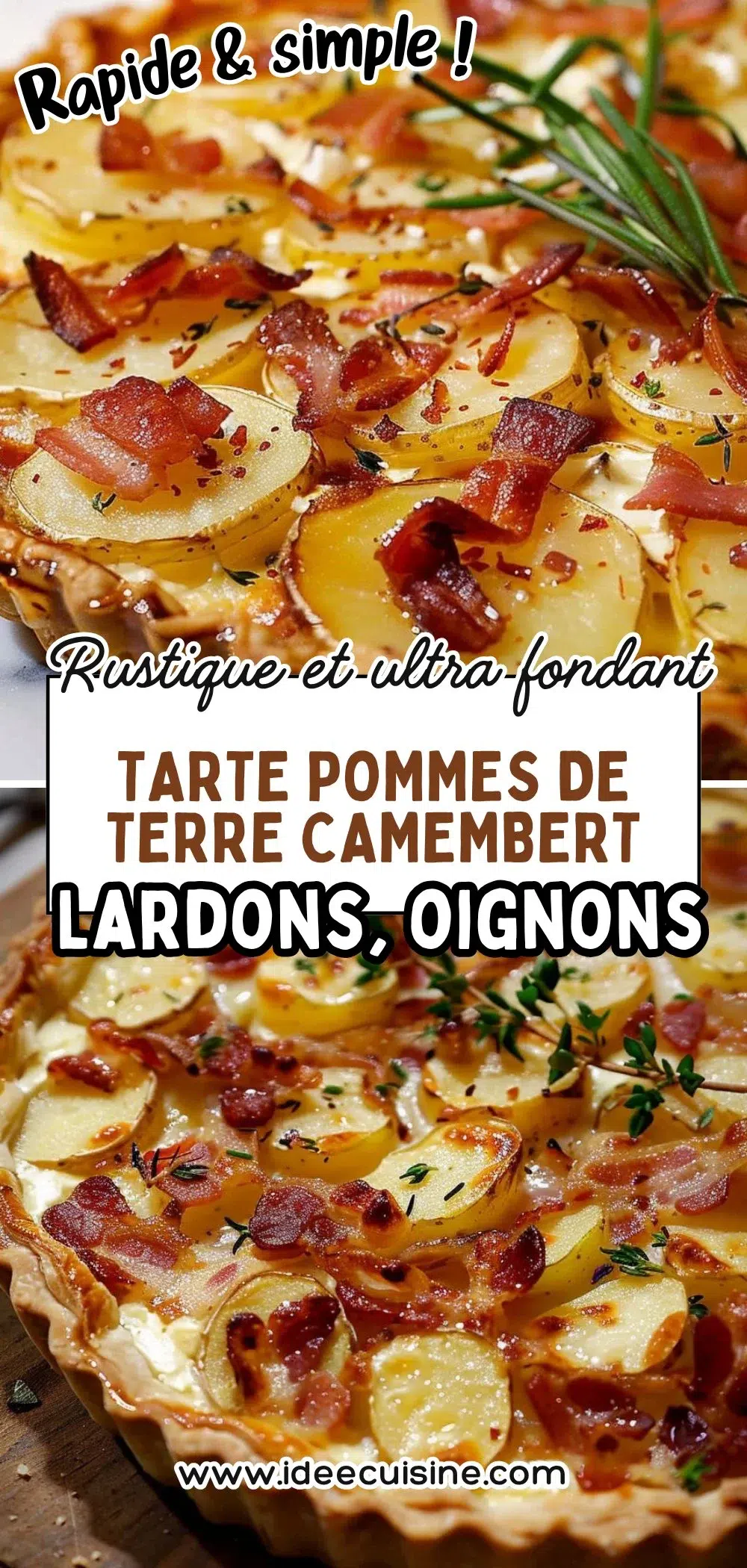 Tarte aux pommes de terre, camembert et lardons 2 Part de tarte rustique dorée, couche épaisse de pommes de terre, lardons, camembert fondu et oignons.