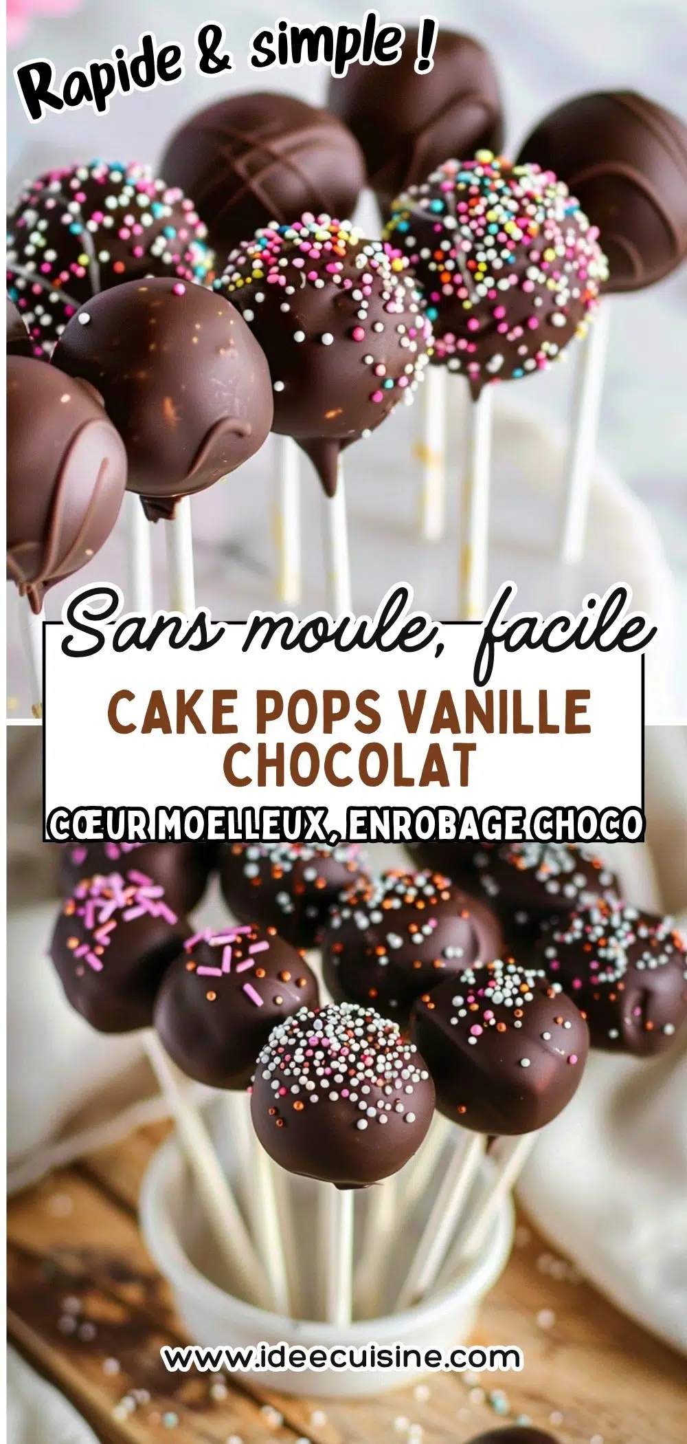 Boules moelleuses cake pops, cœur vanille enrobé chocolat et décor vermicelles colorés, tenues par des bâtonnets.