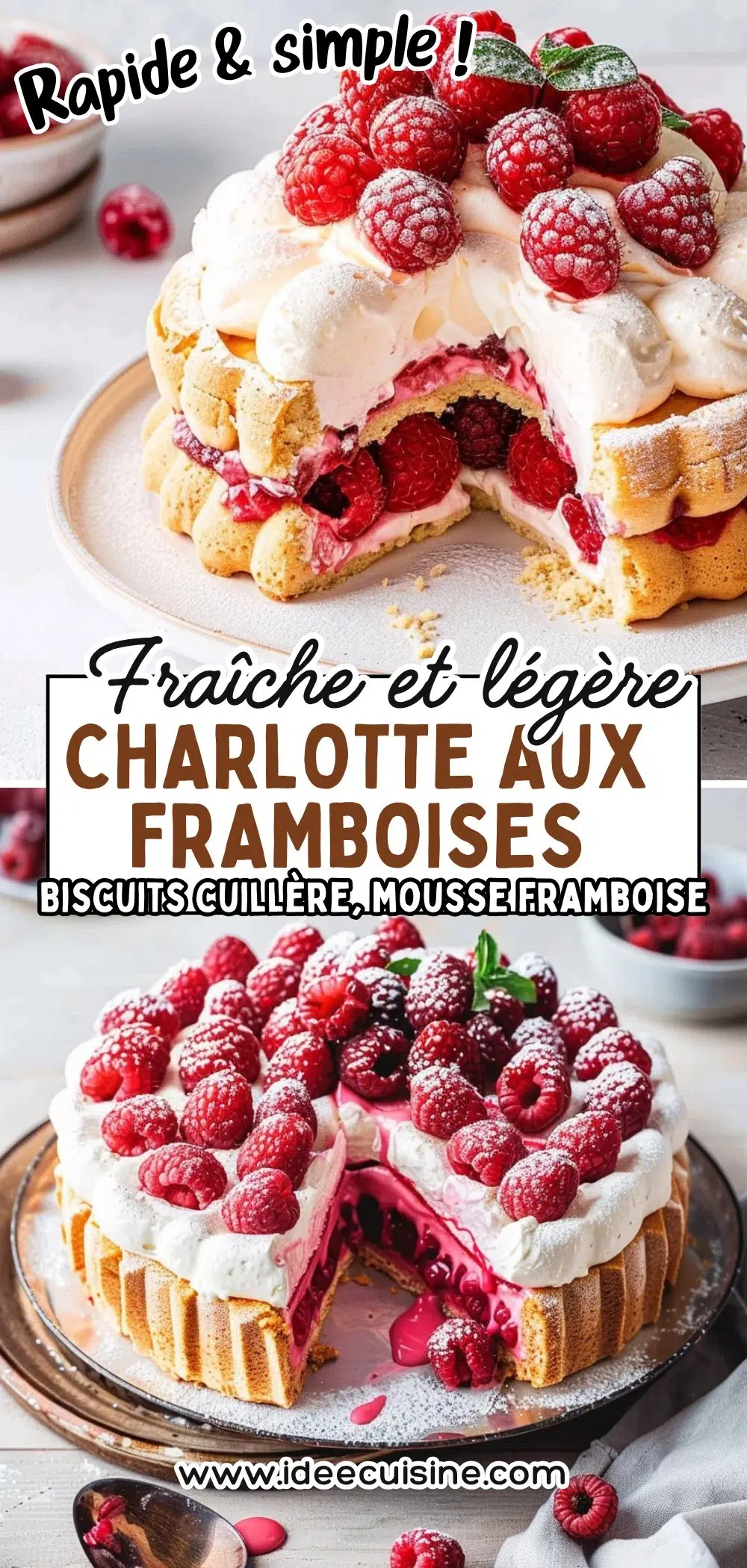 Charlotte cylindrique dressée, biscuits cuillère, framboises fraîches, crème vanille onctueuse à l’intérieur.