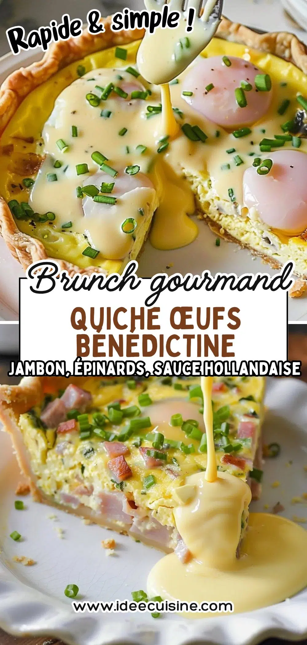 Part de quiche baveuse garnie de jambon, œuf, sauce hollandaise, herbes, visuel brunch stylé.