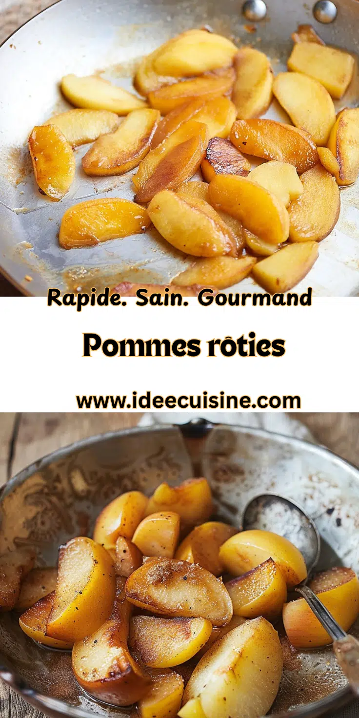 Quartiers de pommes dorés et caramélisés, disposés sur une plaque, surface croustillante avec herbes.