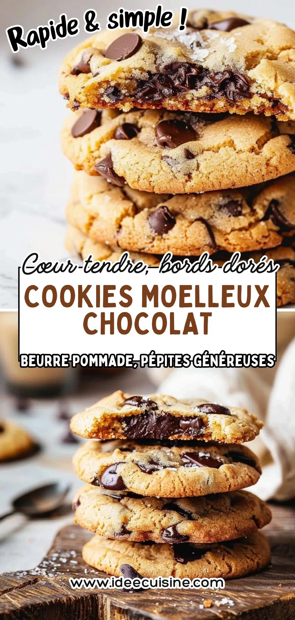 Cookies épais, moelleux, parsemés de généreuses pépites de chocolat, empilés les uns sur les autres, ambiance gourmande.
