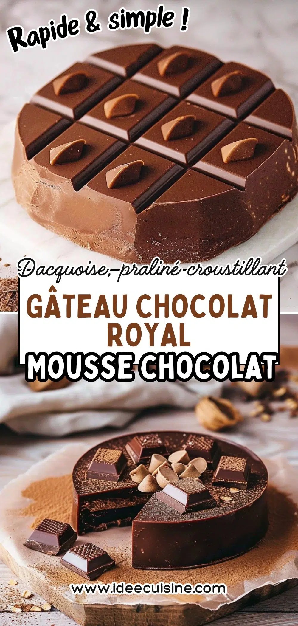 Gâteau d’anniversaire au chocolat, mousse épaisse, décoration génoise cacao et carrés chocolat, part coupée dévoilant la mousse.
