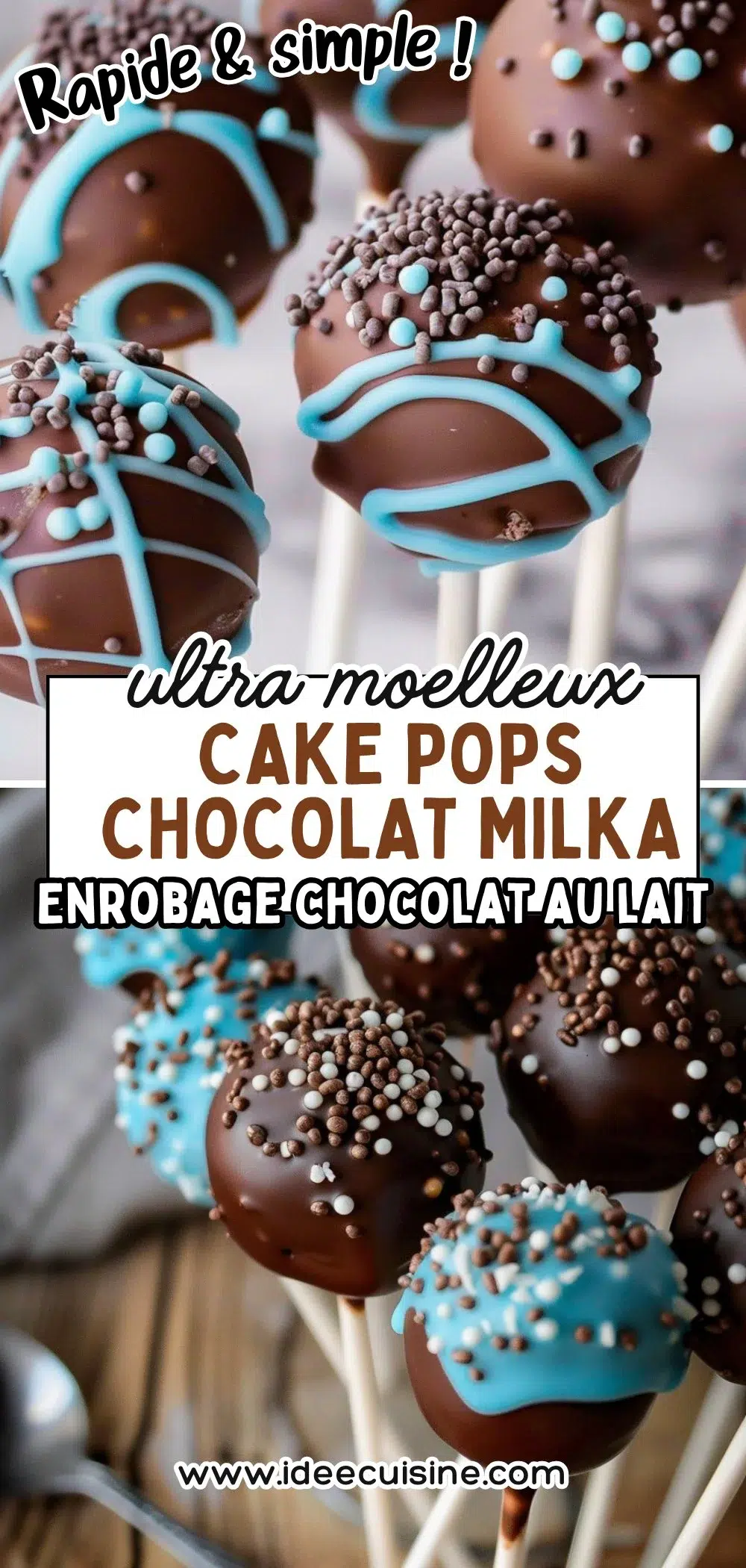 Cake pops ronds choco lait, enrobage craquant, brisures et copeaux Milka en topping, montés sur bâtonnets.
