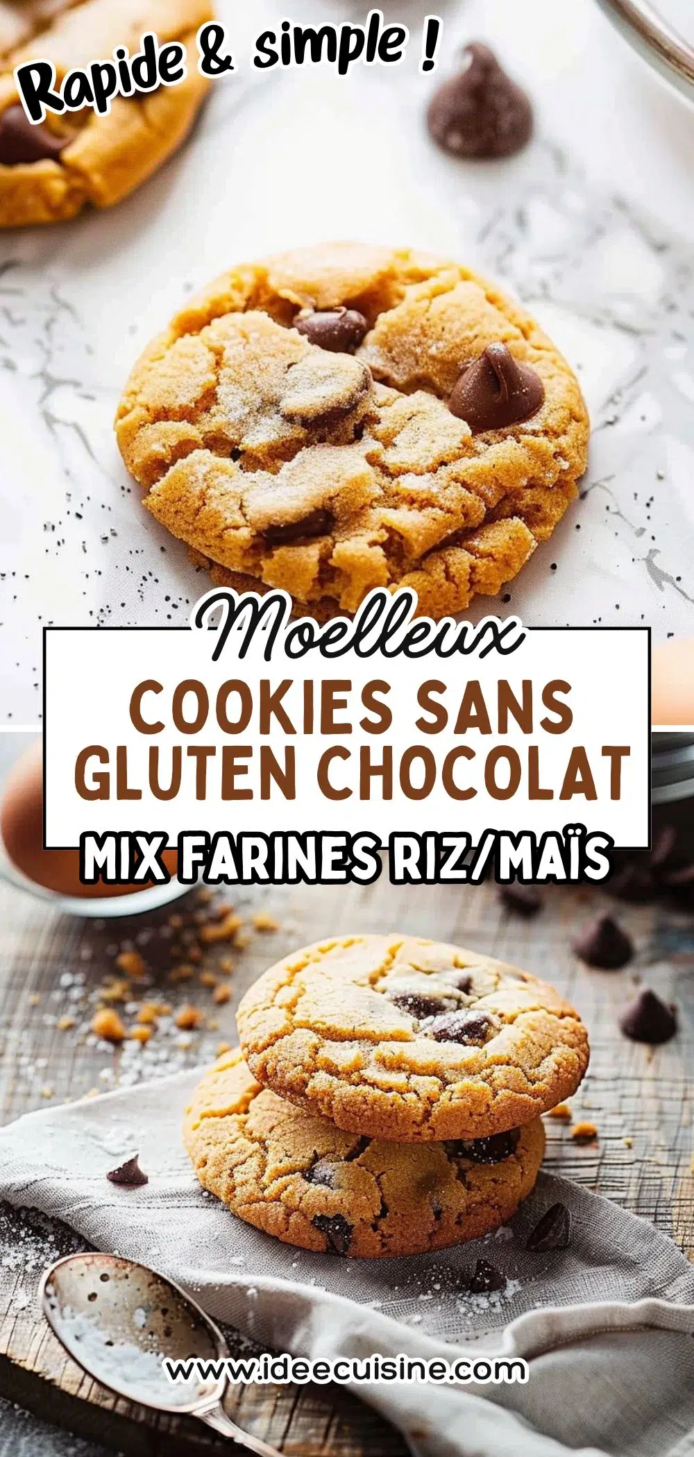 Cookies dorés parsemés de pépites de chocolat, texture épaisse et rustique, adaptés sans gluten.