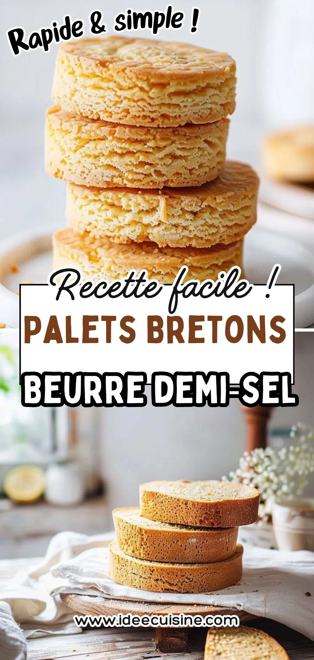 Palets bretons ronds et épais, texture sablée, couleur dorée, empilés sur une assiette rustique.
