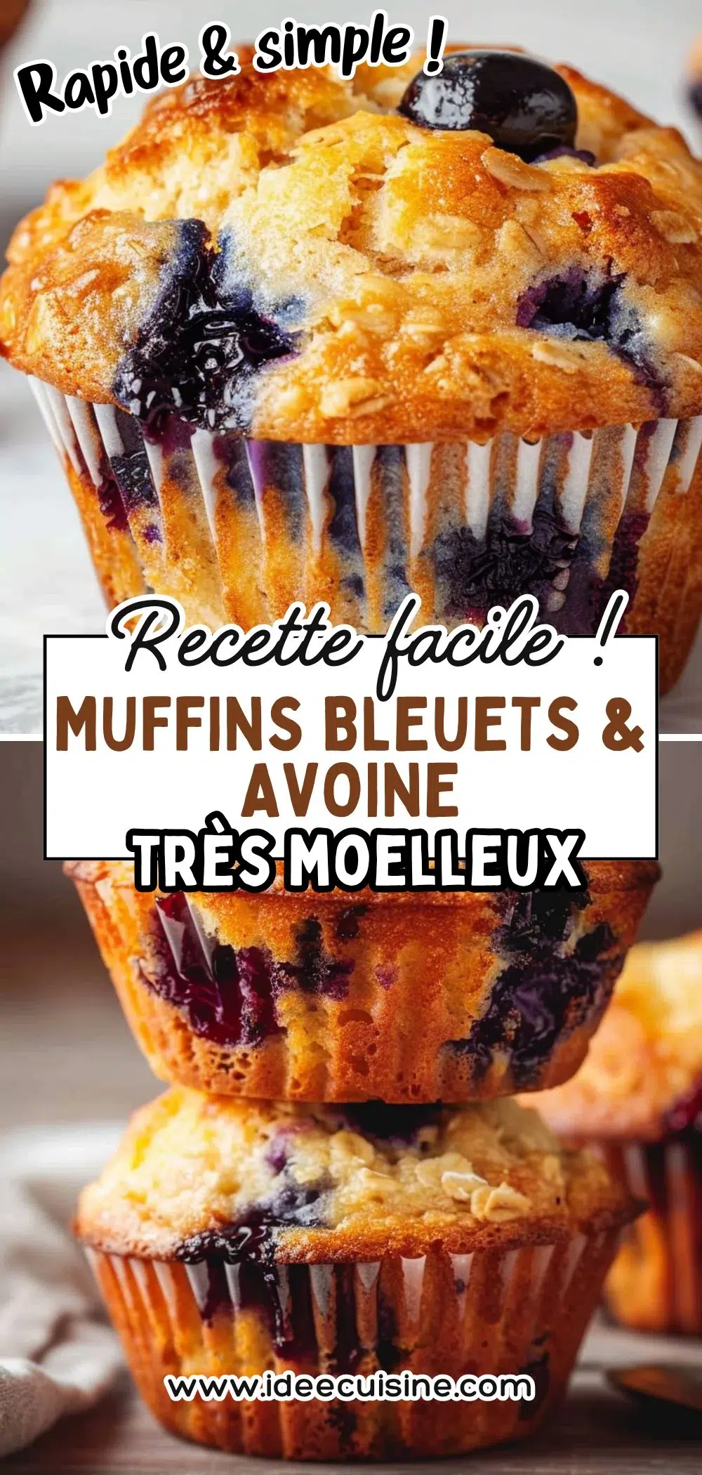 Muffins dorés à l’avoine, éclats de bleuets violets, servis empilés et en coupe, texture extra moelleuse.